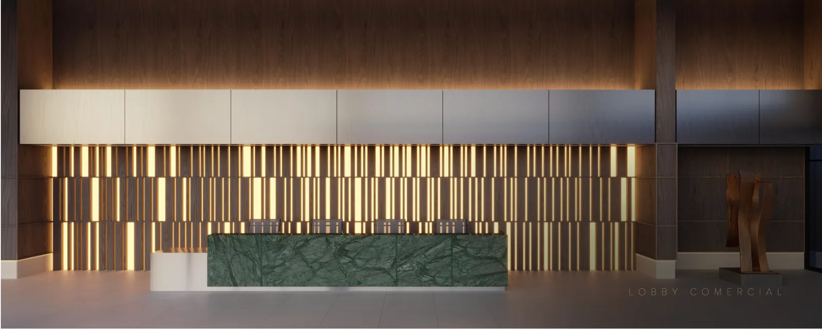 Lobby comercial com painel dourado