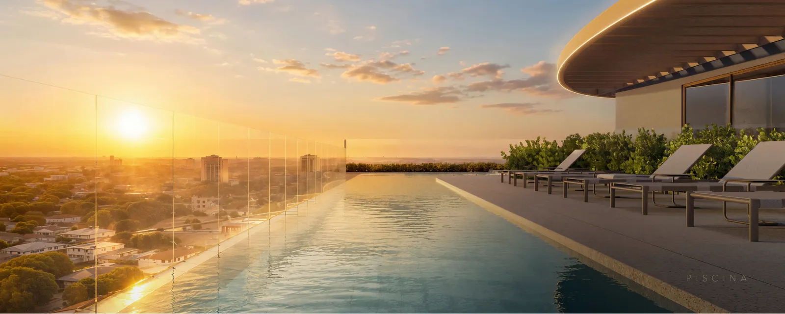 Piscina de borda infinita no rooftop ao pôr do sol